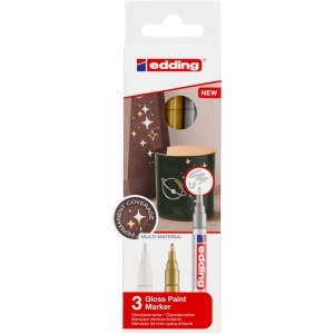 Marker cu vopsea edding 751, corp metalic, varf rotund, 1-2 mm, set 3 bucati, alb, auriu, argintiu (metalizat)