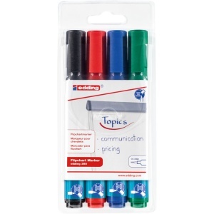 Marker Edding 380 pentru flipchart, varf rotund, 1.5-3 mm, 4 culori/set (negru, albastru, rosu, verde)