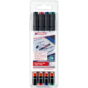 Marker permanent edding 142 M, set 4 bucati, corp plastic, varf rotund, 1 mm, culori asortate: negru, rosu, albastru, verde