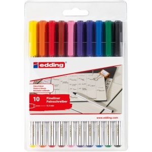 Liner edding 89, corp plastic, varf rotund, 0.3 mm, set 10 culori: negru, rosu, albastru, verde, galben, portocaliu, maro, violet, roz, albastru deschis