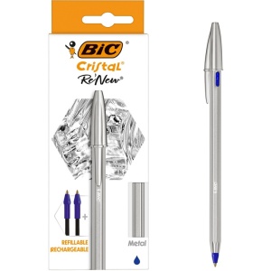 Pix BIC Cristal Re'New Metalic, corp metalic, albastru, 1.0 mm, 1 pix + 2 rezerve