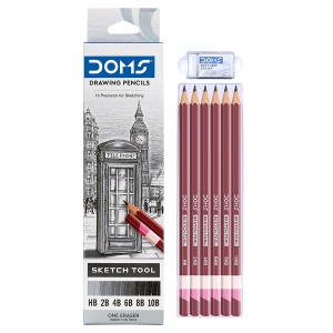 Set 6 creioane grafit pentru desen DOMS, HB, 2B, 4B, 6B, 8B, 10B, cu radiera