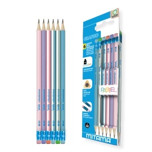 Set 6 creioane HB Mitama, radiera, design pastel