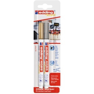Marker Edding 4085, cu creta lichida, varf rotund 1-2 mm, auriu/argintiu 2 bucati/blister