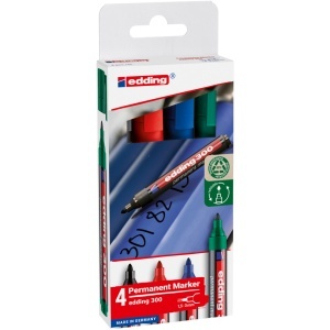 Marker permanent, Edding 300, set 4 culori, corp plastic, varf rotund 1.5 - 3 mm, negru, rosu, albastru, verde