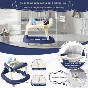Premergator bebe TAROSSY multifunctional, pliabil, reglabil pe inaltime, cu roti 360° si tava muzicala, Albastru - Img 5