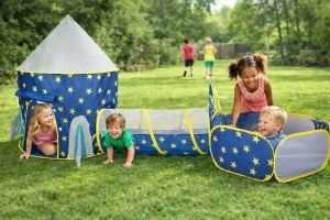 Set Cort de joaca pentru copii 3 in 1, cu loc de joaca, tunel, castel pentru interior si exterior, 300 cm, albastru, Tarossy®