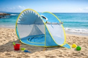 Cort de plaja portabi, impermeabil, pentru bebelusi, cu piscina, copii 3-48 de luni, rechin, Albastru, Tarossy ®