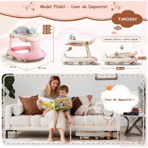Premergator bebe TAROSSY multifunctional, pliabil, reglabil pe inaltime, cu roti 360° si tava muzicala, Roz - Img 4