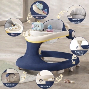Premergator bebe TAROSSY multifunctional, pliabil, reglabil pe inaltime, cu roti 360° si tava muzicala, Albastru - Img 2
