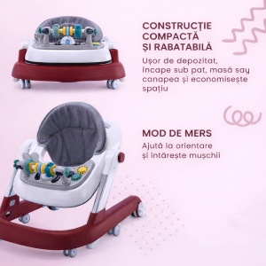 Premergator Copii 2 in 1 Reglabil Tarossy®, Pliabil, Roti 360 Grade, Rosu-Grena - Img 4