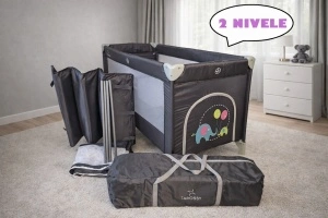 Patut pliant voiaj pentru bebelusi si copii Tarossy®, 2 nivele, portabil, 125x65 cm, etaj nou-nascuti, salteluta cu sistem de prindere, Gri