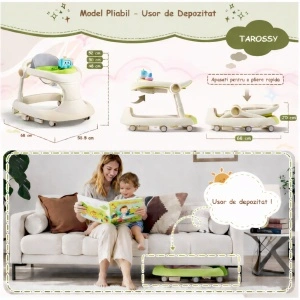 Premergator bebe TAROSSY multifunctional, pliabil, reglabil pe inaltime, cu roti 360° si tava muzicala, Verde - Img 5