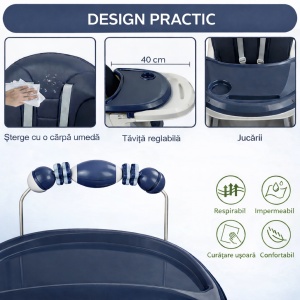 Scaun de Masa 3in1 pentru Bebelusi si Copii Tarossy®, Varsta 6 - 36 luni, Inaltime Ajustabila, Centura de Siguranta in 5 Puncte, Tavita Reglabila si Detasabila, Loc Depozitare, Albastru/ Blumarine - Img 5