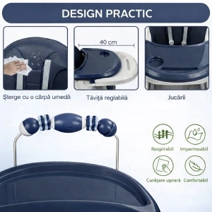 Scaun de Masa 3in1 pentru Bebelusi si Copii Tarossy®, Varsta 6 - 36 luni, Inaltime Ajustabila, Centura de Siguranta in 5 Puncte, Tavita Reglabila si Detasabila, Loc Depozitare, Albastru/ Blumarine - Img 5