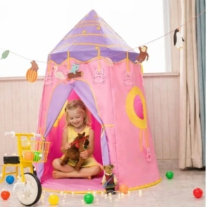 Cort pentru copii, Tarossy®, spatiu de joaca tip castel cu 2 ferestre, pliabil, roz, 110cm x 150cm