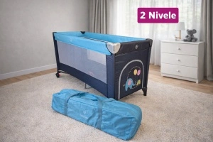 Patut pliant voiaj pentru bebelusi si copii Tarossy®, 2 nivele, portabil, 125x65 cm, etaj nou-nascuti, salteluta cu sistem de prindere, Albastru