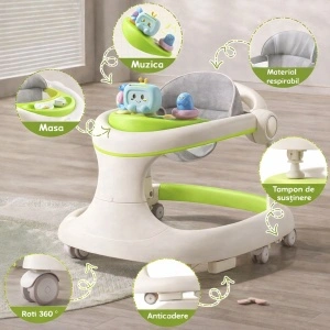 Premergator bebe TAROSSY multifunctional, pliabil, reglabil pe inaltime, cu roti 360° si tava muzicala, Verde - Img 2