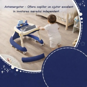Premergator bebe TAROSSY multifunctional, pliabil, reglabil pe inaltime, cu roti 360° si tava muzicala, Albastru - Img 6