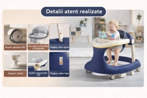 Premergator bebe TAROSSY multifunctional, pliabil, reglabil pe inaltime, cu roti 360° si tava muzicala, Albastru - Img 3