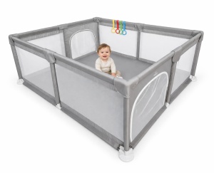 Tarc de Joaca pentru Copii Tarossy®, 180x150 cm, Spatiul de Joaca, 4 x Inele de Sustinere, Plasa de Protectie, 2 Usi cu Fermoar, Varsta 0-5 ani, Gri