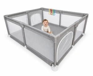 Tarc de Joaca pentru Copii Tarossy®, 180x150 cm, Spatiul de Joaca, 4 x Inele de Sustinere, Plasa de Protectie, 2 Usi cu Fermoar, Varsta 0-5 ani, Gri