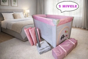 Patut pliant voiaj pentru bebelusi si copii Tarossy®, 2 nivele, portabil, 125x65 cm, etaj nou-nascuti, salteluta cu sistem de prindere, Roz