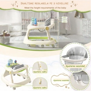 Premergator bebe TAROSSY multifunctional, pliabil, reglabil pe inaltime, cu roti 360° si tava muzicala, Verde - Img 6