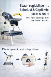Scaun de Masa 3in1 pentru Bebelusi si Copii Tarossy®, Varsta 6 - 36 luni, Inaltime Ajustabila, Centura de Siguranta in 5 Puncte, Tavita Reglabila si Detasabila, Loc Depozitare, Albastru/ Blumarine - Img 6
