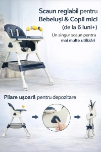 Scaun de Masa 3in1 pentru Bebelusi si Copii Tarossy®, Varsta 6 - 36 luni, Inaltime Ajustabila, Centura de Siguranta in 5 Puncte, Tavita Reglabila si Detasabila, Loc Depozitare, Albastru/ Blumarine - Img 6