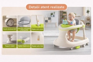 Premergator bebe TAROSSY multifunctional, pliabil, reglabil pe inaltime, cu roti 360° si tava muzicala, Verde - Img 3