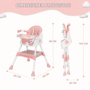 Scaun de Masa 3in1 pentru Bebelusi si Copii Tarossy®, Varsta 6 - 36 luni, Inaltime Ajustabila, Centura de Siguranta in 5 Puncte, Tavita Reglabila si Detasabila, Loc Depozitare, Roz - Img 5