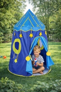 Cort pentru copii, Tarossy®, spatiu de joaca tip castel cu 2 ferestre, pliabil, Albastru, 110cm x 150cm