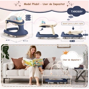 Premergator bebe TAROSSY multifunctional, pliabil, reglabil pe inaltime, cu roti 360° si tava muzicala, Albastru - Img 4