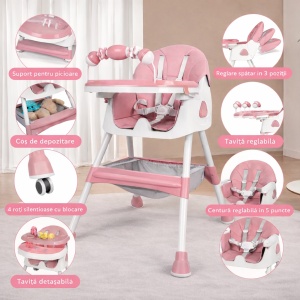 Scaun de Masa 3in1 pentru Bebelusi si Copii Tarossy®, Varsta 6 - 36 luni, Inaltime Ajustabila, Centura de Siguranta in 5 Puncte, Tavita Reglabila si Detasabila, Loc Depozitare, Roz - Img 2