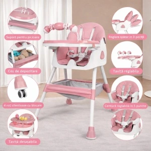 Scaun de Masa 3in1 pentru Bebelusi si Copii Tarossy®, Varsta 6 - 36 luni, Inaltime Ajustabila, Centura de Siguranta in 5 Puncte, Tavita Reglabila si Detasabila, Loc Depozitare, Roz - Img 2