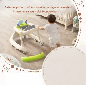Premergator bebe TAROSSY multifunctional, pliabil, reglabil pe inaltime, cu roti 360° si tava muzicala, Verde - Img 4