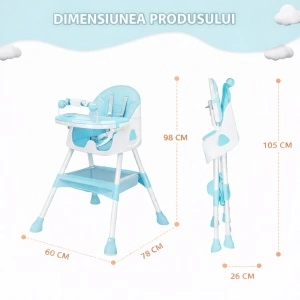 Scaun de Masa 3in1 pentru Bebelusi si Copii Tarossy®, Varsta 6 - 36 luni, Inaltime Ajustabila, Centura de Siguranta in 5 Puncte, Tavita Reglabila si Detasabila, Loc Depozitare, Verde Menta - Img 2