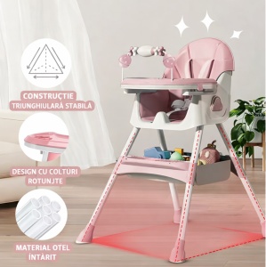 Scaun de Masa 3in1 pentru Bebelusi si Copii Tarossy®, Varsta 6 - 36 luni, Inaltime Ajustabila, Centura de Siguranta in 5 Puncte, Tavita Reglabila si Detasabila, Loc Depozitare, Roz - Img 6