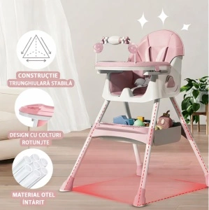 Scaun de Masa 3in1 pentru Bebelusi si Copii Tarossy®, Varsta 6 - 36 luni, Inaltime Ajustabila, Centura de Siguranta in 5 Puncte, Tavita Reglabila si Detasabila, Loc Depozitare, Roz - Img 6