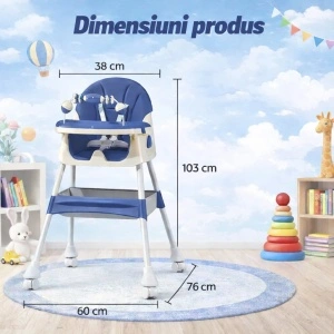 Scaun de Masa 3in1 pentru Bebelusi si Copii Tarossy®, Varsta 6 - 36 luni, Inaltime Ajustabila, Centura de Siguranta in 5 Puncte, Tavita Reglabila si Detasabila, Loc Depozitare, Albastru/ Blumarine - Img 4