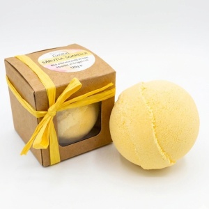 SARUTUL SOARELUI – Bila efervescenta de baie cu unt de shea si uleiuri esentiale de Grapefruit si Musetel, Lucille, 120g, aromaterapie, experienta spa, culori vibrante