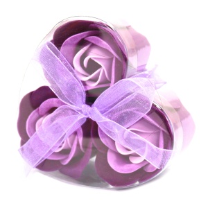 Set 3 Trandafiri din Sapun – Violet, de utilizat ca Flori de Baie sau ca Decoratiune, Parfum de Lavanda, Cutie Cadou in Forma de Inima, 7 x 8 x 4 cm, 17 g, Ancient Wisdom