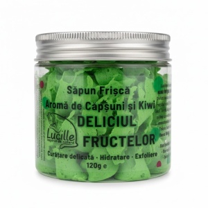 Sapun Frisca "Lucille - Deliciul Fructelor", 4 in 1 gel de dus, sapun, crema de ras, scrub, aroma de capsuni si kiwi, textura aerata, hidratare delicata, ideal pentru toate tipurile de piele, 120 g