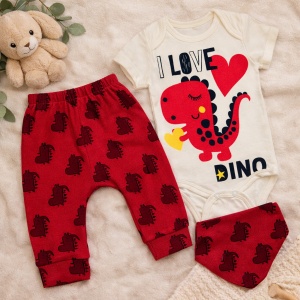 Compleu Bebe „I Love Dino” - 3 Piese, Bumbac 100%, Design Adorabil cu Dinozaur