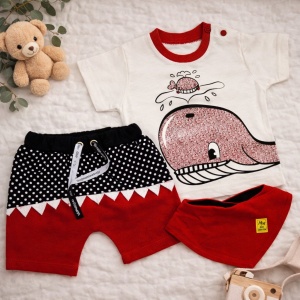 Compleu Bebe „Whale” - 3 Piese,Culoare Roșie, Design Cu Balenuță