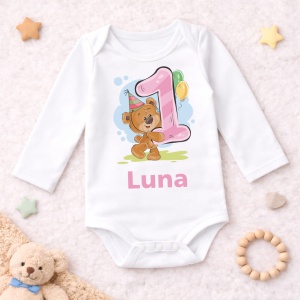 Body Bebe Aniversar „Ursulet roz” - Mesaj Aniversar 1-6 luni