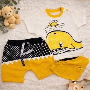Compleu Bebe „Whale” - 3 Piese,Culoare Galben, Design Cu Balenuță