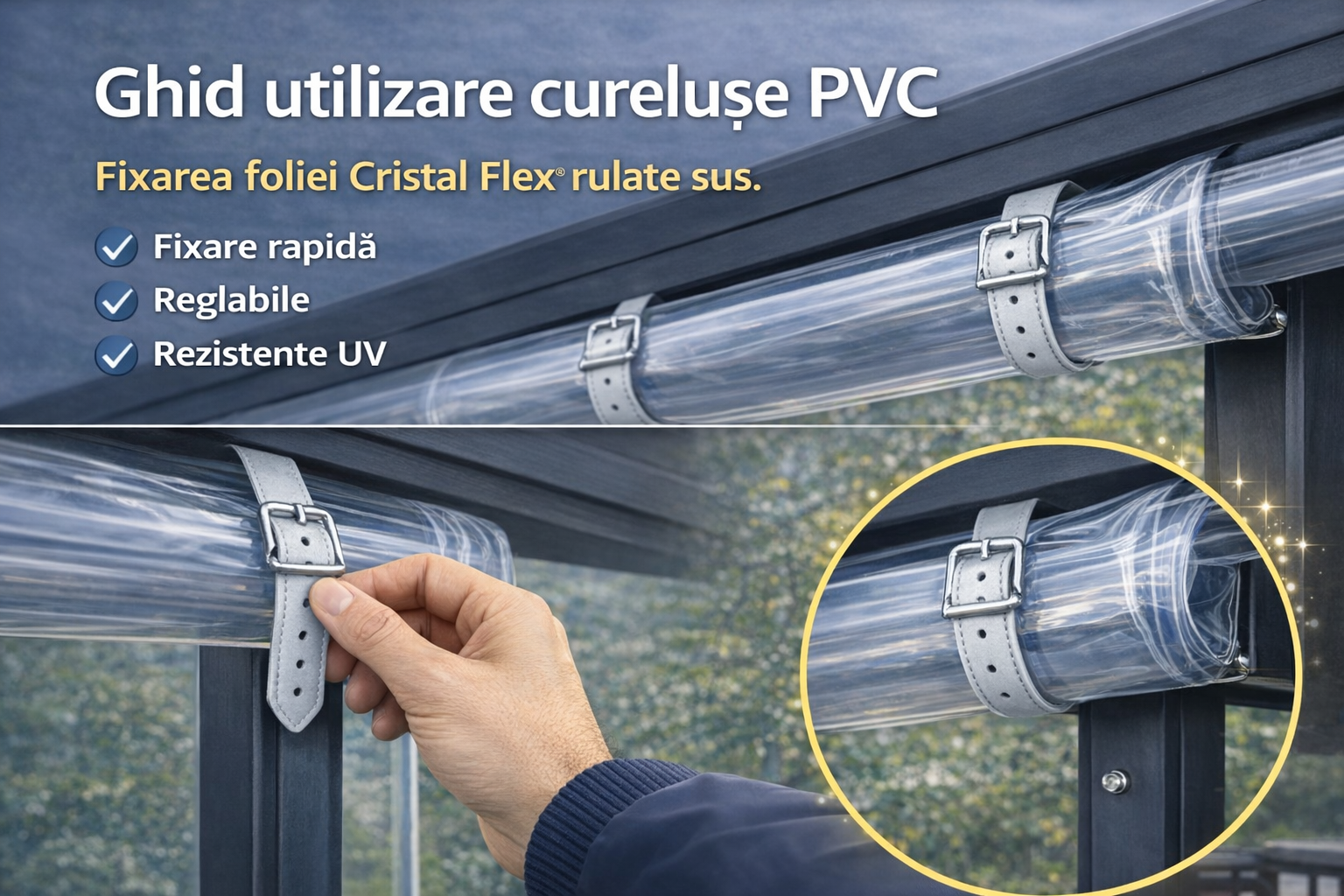 Curelușe pentru fixarea foliei PVC transparente rulate sus