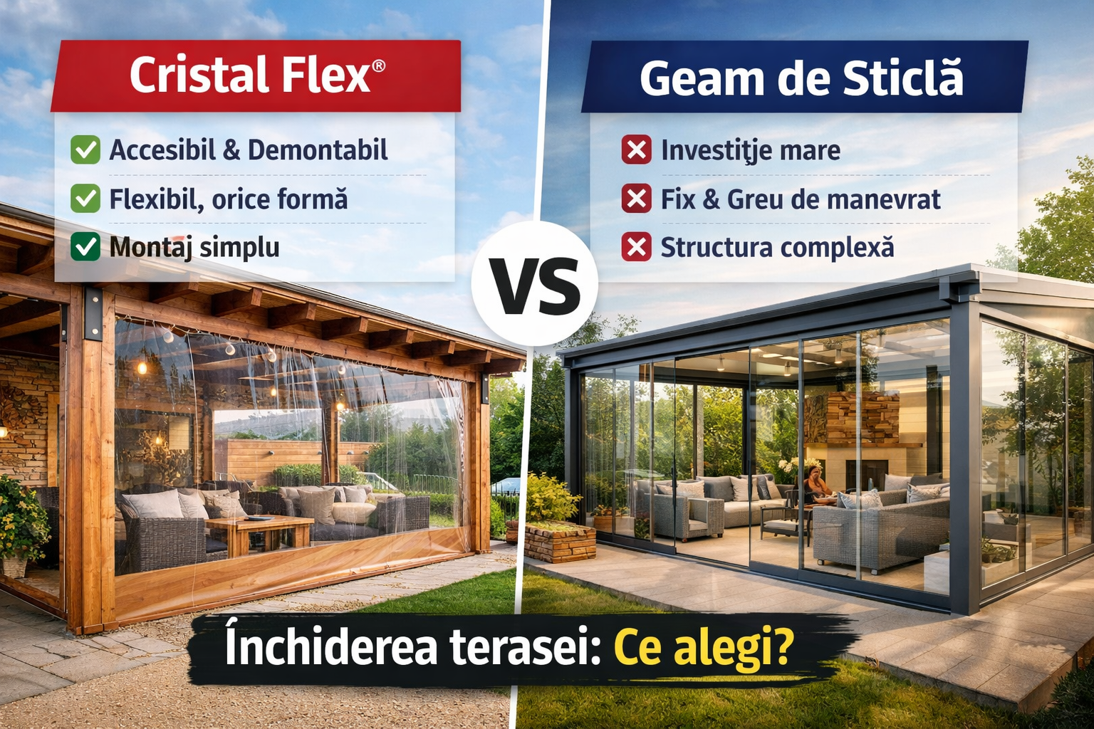 Inchiderea terasei - Cristal Flex® vs. sticlă — pro și contra